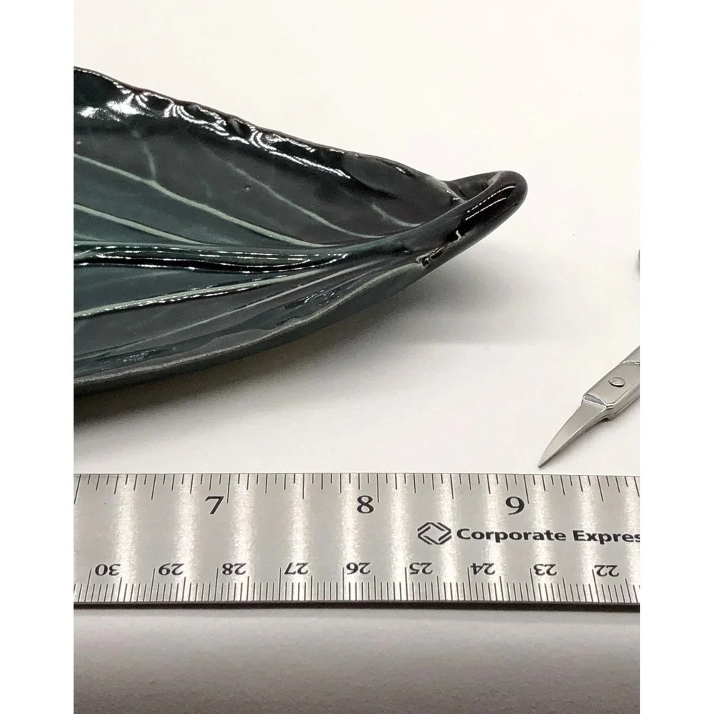 Dark Green Glazed Ceramic‎ Leaf Trinket Dish Botanical Decorative Platter 9 Inch